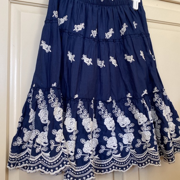 Blue Floral Embroidered Flare Skirt • Boho / Festival / Ruffle Midi - Picture 4 of 9